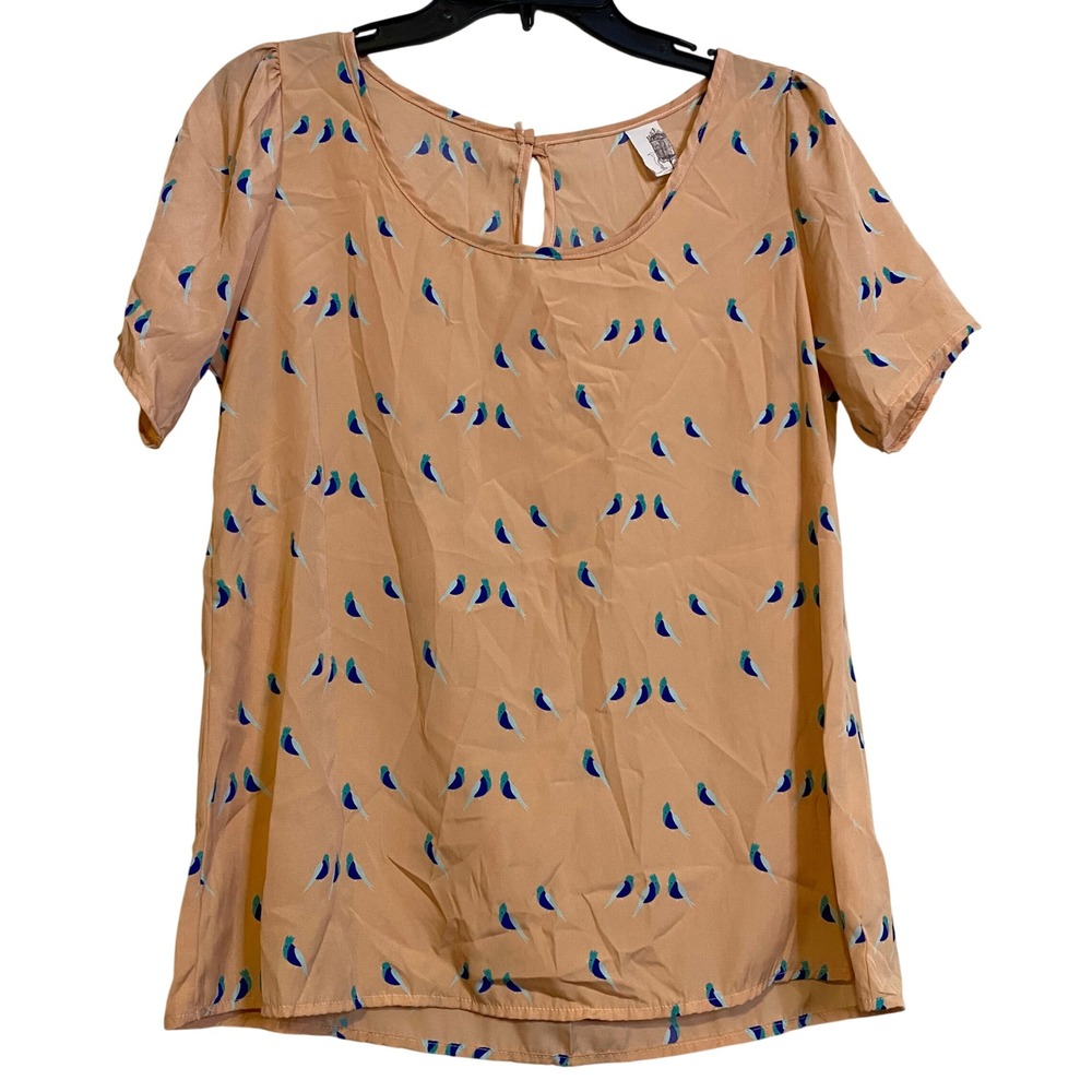 Birdcage Anthropologie Bird Print Short Sleeve Blouse Keyhole Back Blouse Medium